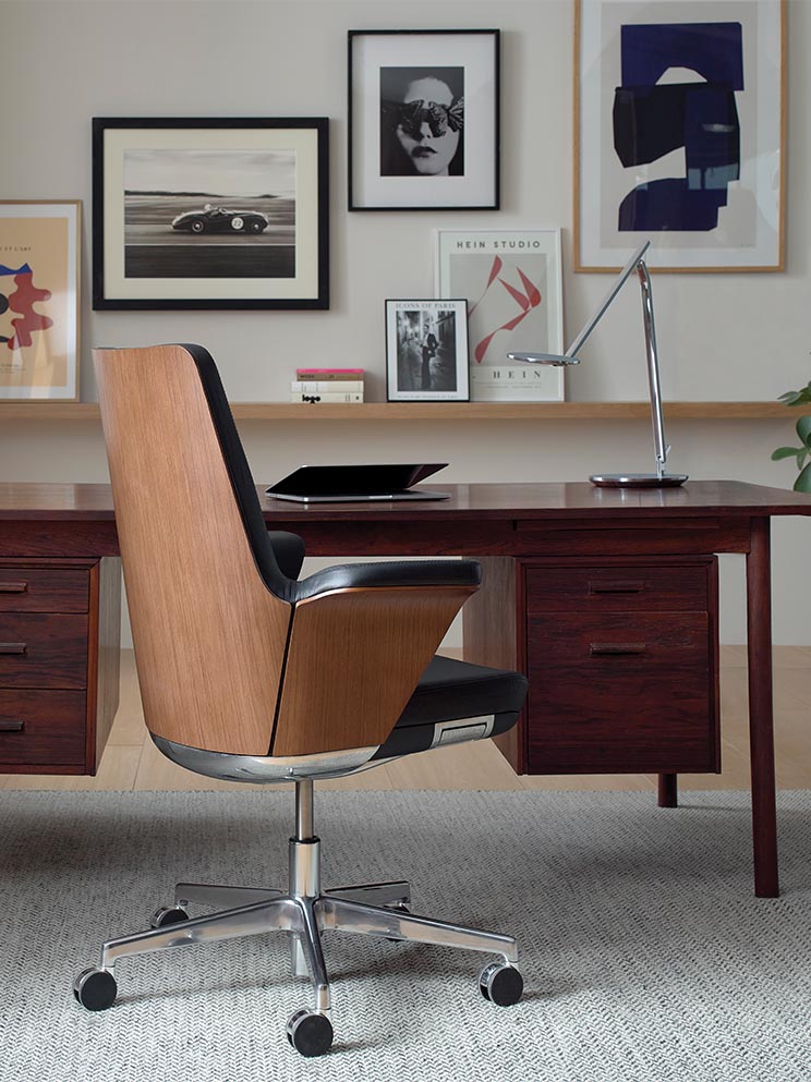 Summa, Wood Back with Elmosoft Leather. Infinity Lamp.